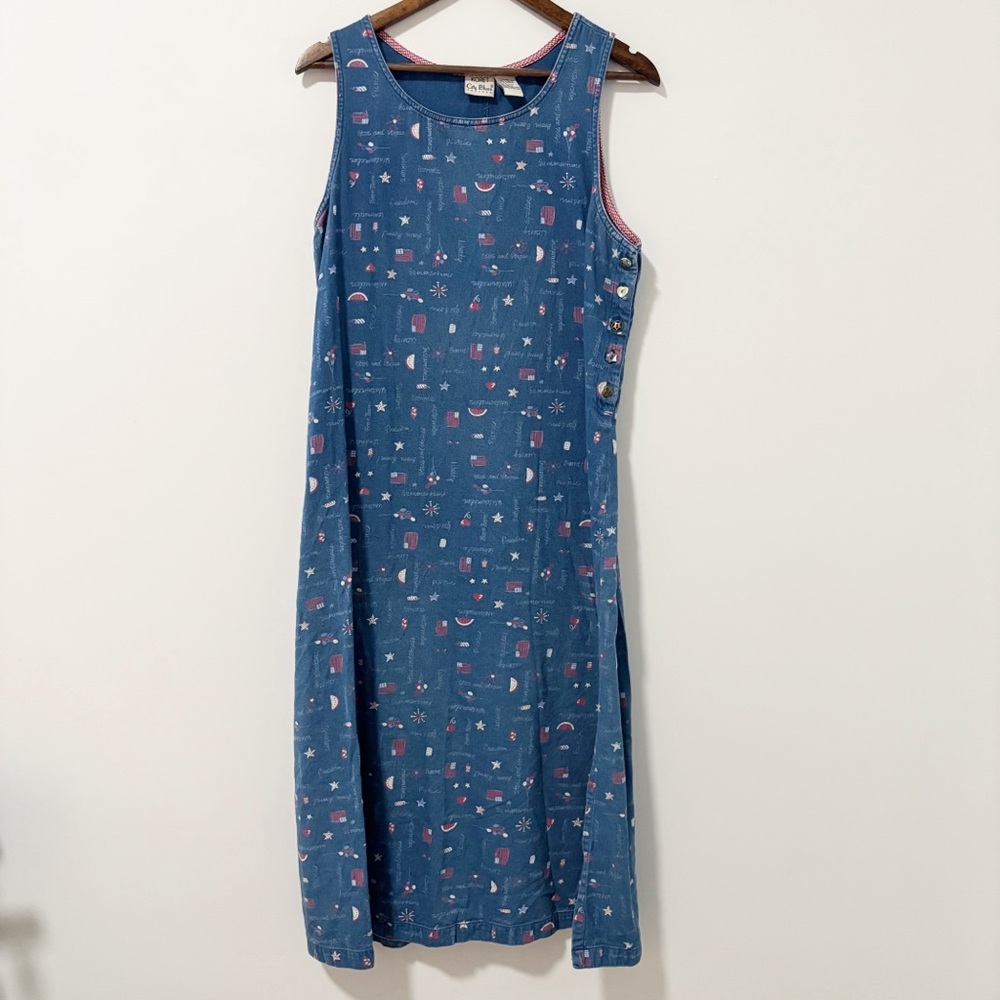 Vintage Koret Blue Sleeveless Midi Dress Womens Large July 4th Americana Novelty
